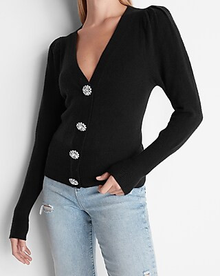Jewel Embellished Button Up Puff Sleeve Cardigan | Express