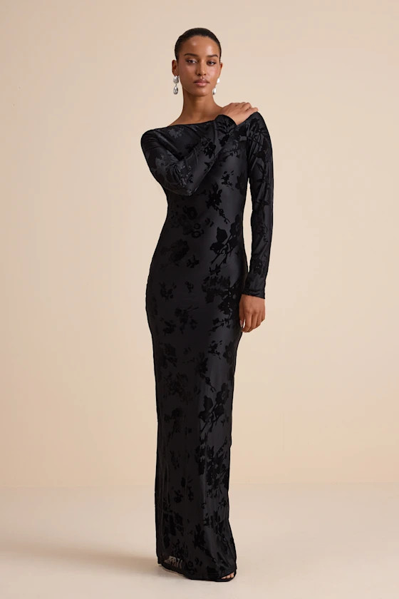 Amiria Black Burnout Velvet Long Sleeve Maxi Dress | Lulus