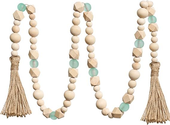 OMISHE Wood Bead Garland with Tassels 52 Inches, Octagonal Handmade Wooden Beads with Green Acryl... | Amazon (US)