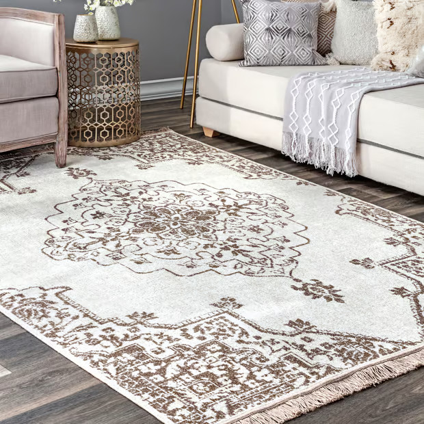 Beige Rosette With Fringes Indoor/Outdoor Area Rug | Rugs USA