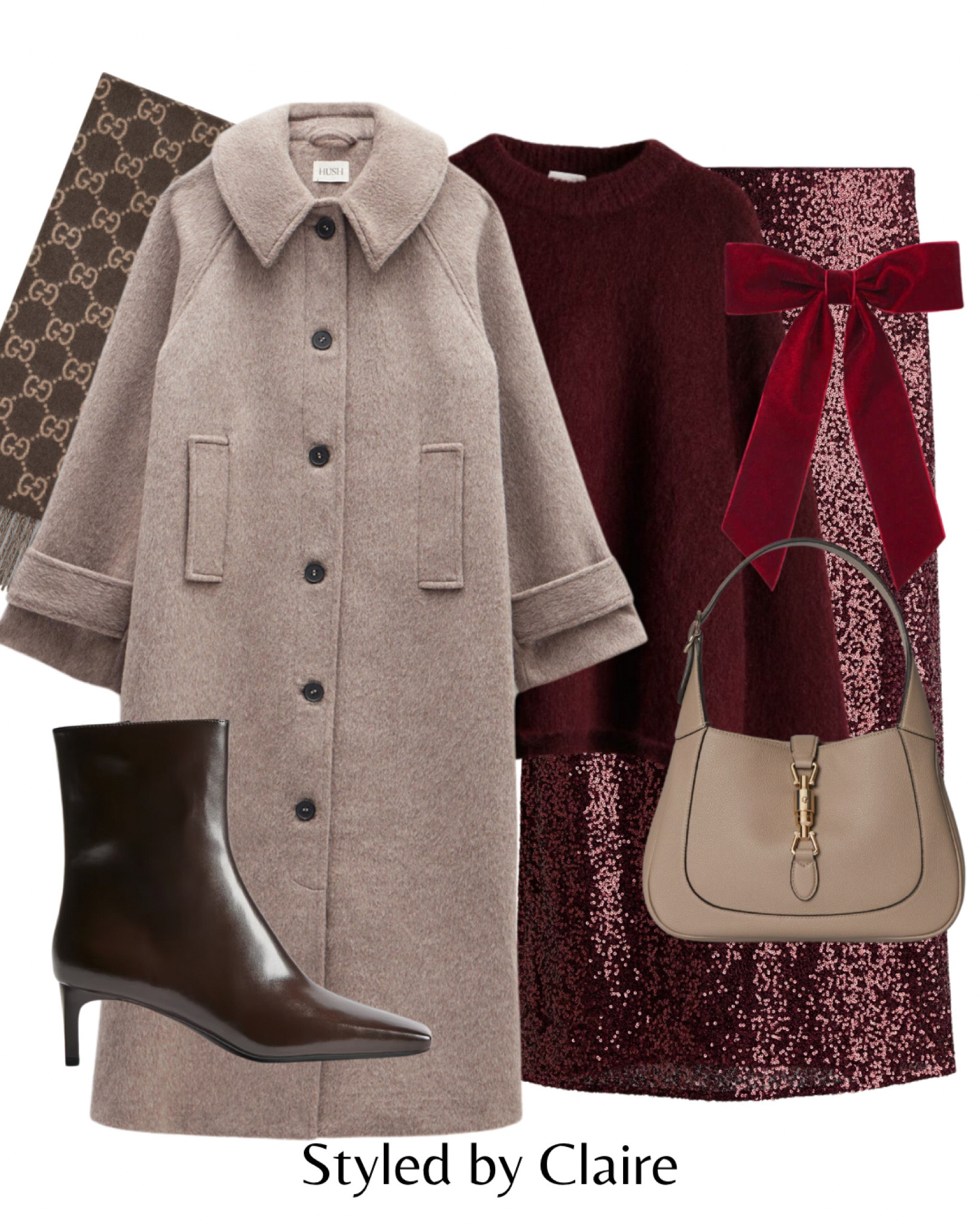 Festive outfit inspo, work Christmas lunch🧑🏼‍🎄
Tags: sequin skirt Gucci taupe bag heel boots H&M hush wool long coat scarf mohair knit jumper hair bow velvet burgundy fashion autumn winter inspo outfit ideas city break Parisian women’s chic style 

#LTKCyberWeek #LTKpartywear
