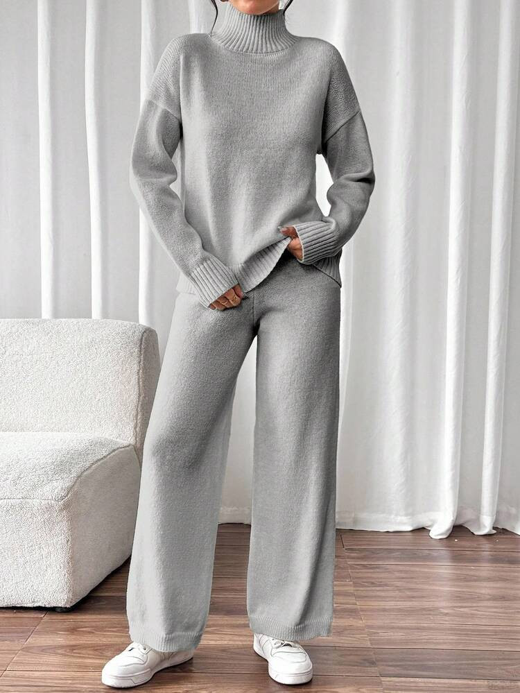 EMERY ROSE 2pcs/Set Casual Solid Color Stand Collar Sweater And Knit Pants, Autumn/Winter | SHEIN