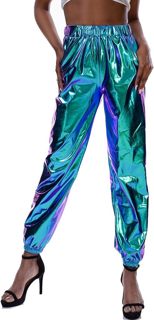 Fenyong Womens Shiny Metallic Pants, Holographic Disco Sweatpant for 70s 80s Alien Space Cowgirl ... | Amazon (US)