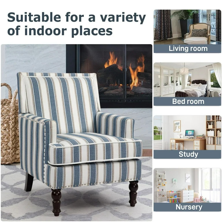 Aukfa Accent Chair Mid-Century Modern High Back Armchair Lounge for Living Room, Rivet Trim, Blue... | Walmart (US)