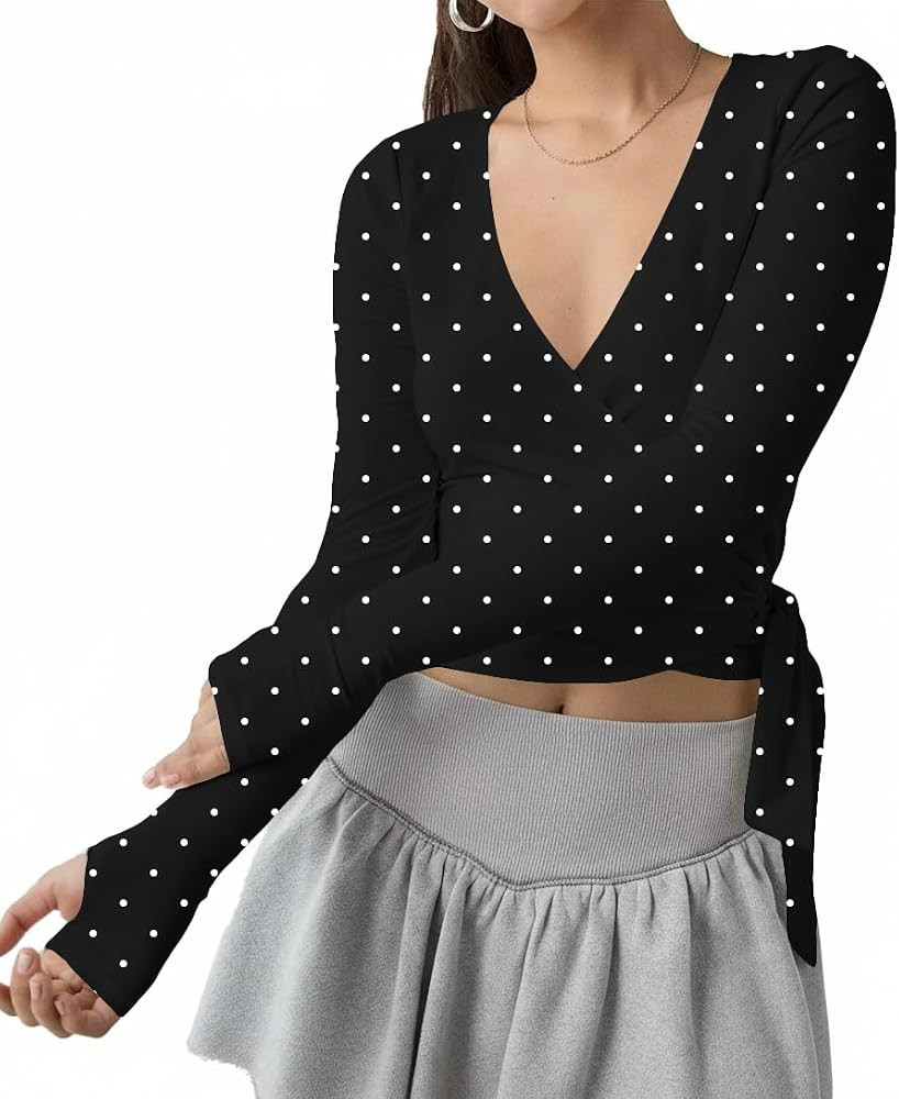 Women Aesthetic Polka Dot Open Front Tie Ballet Wrap Crop Tops V Neck Fitted Long Sleeve Tee Shir... | Amazon (US)