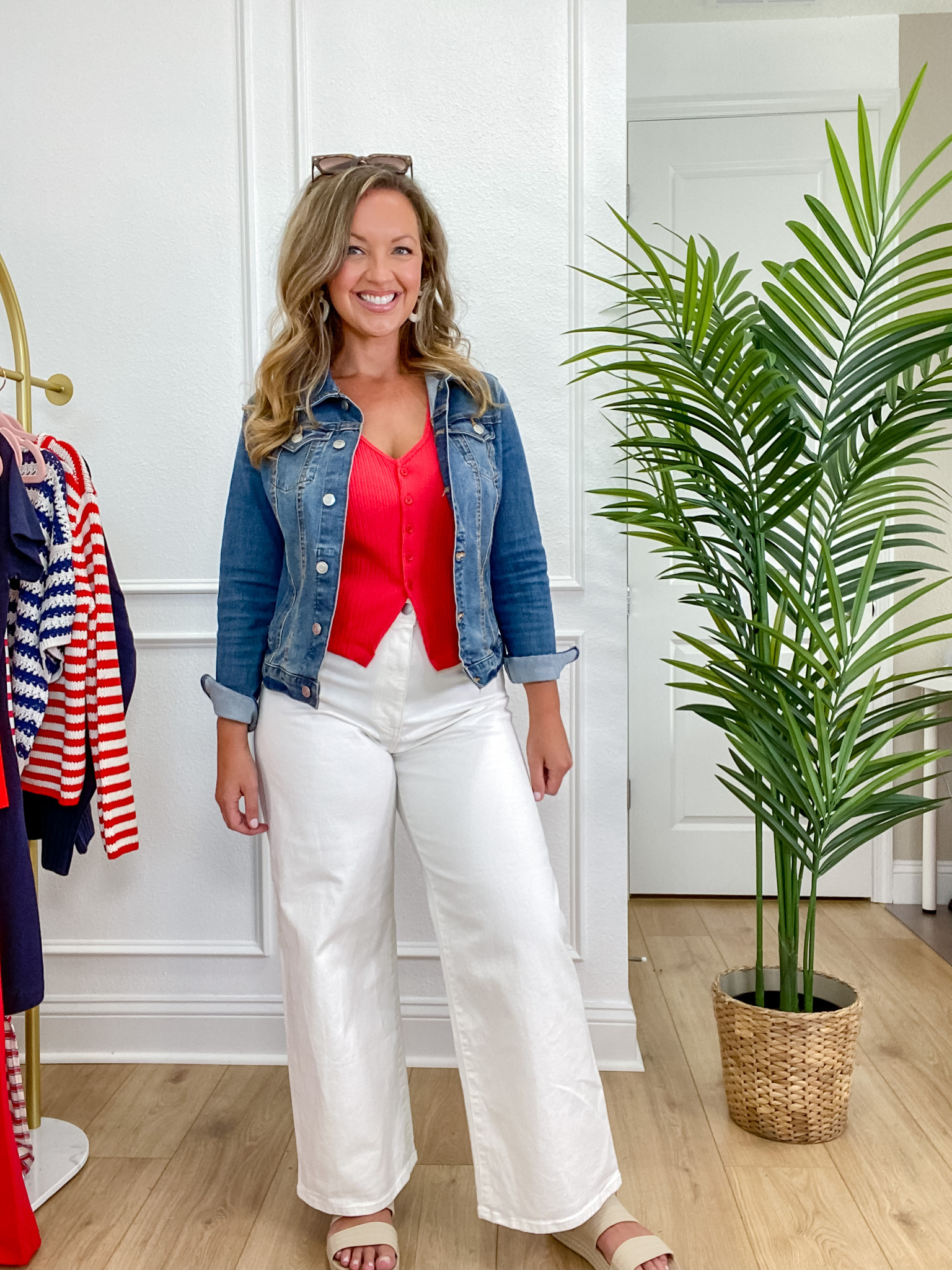 Red, White, and Blue but make it subtle! ❤️🤍💙 I am so in love with these wide leg jeans from Target and paired with cute vest t-shirt and denim jacket you have an outfit perfect for summer! 
I am 5'5" Size 8/10 34DD wearing a Medium in the Top and Size 10 Jeans.

#target #TargetStyle #RedWhiteAndBlue #SummerStyle2025 #MidsizeStyle #TargetTryOn #HolidayOutfits #july4th #widelegjeans #sailorjeans #whitepants #bestwhitepants #memorialdayoutfit #american #patrioticoutfit

 

 

#LTKSeasonal #LTKMidsize #LTKFindsUnder50