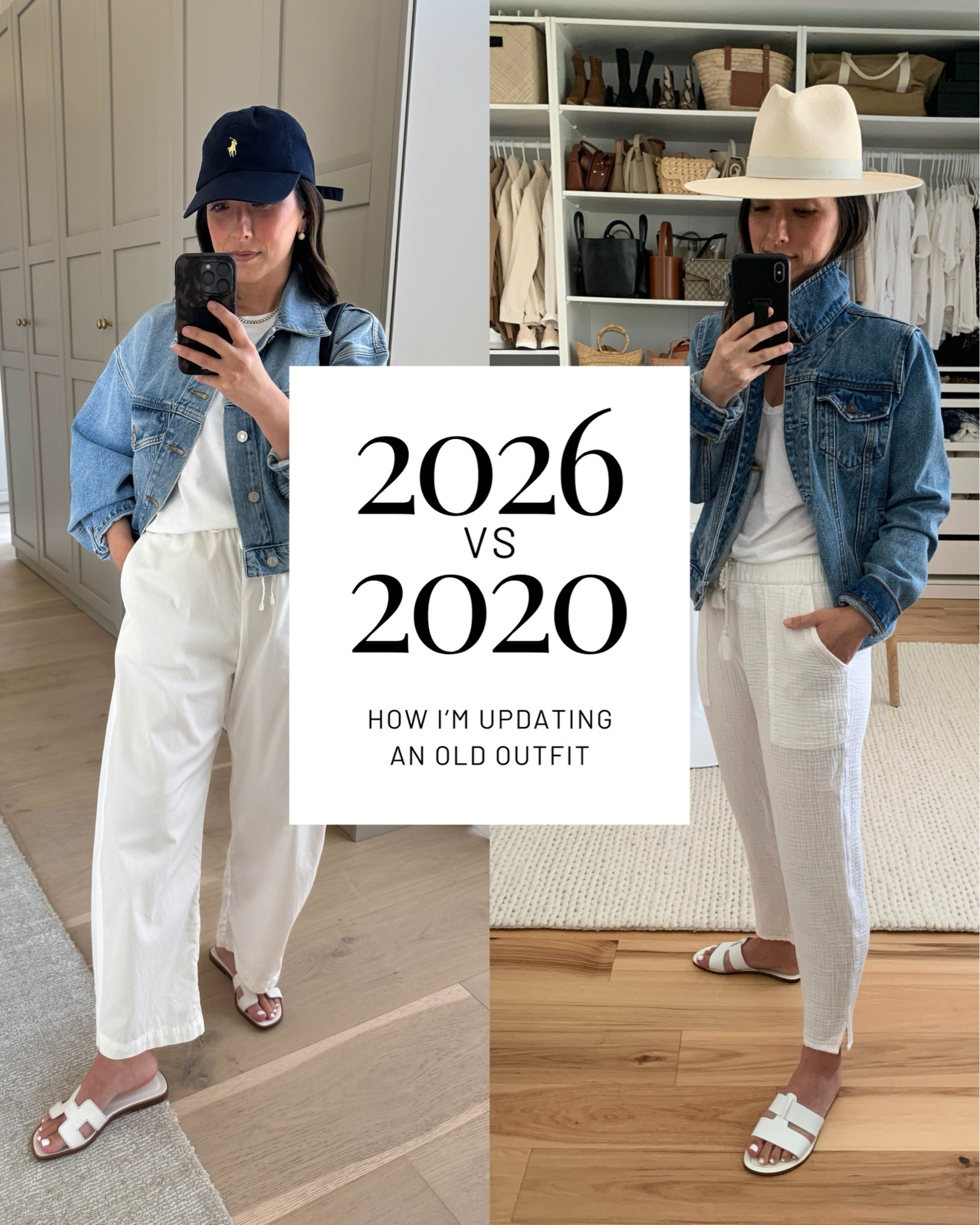 I still love the overall vibe of the 2020 outfit - I’d just do better proportions and roomier fits now. Makes such a difference.

Outfit details:
J.Crew tee medium
AGOLDE Palmer denim jacket xs
Gap poplin pants petite xs - color is sold out, linked similar.
Hermes Oran sandals 35 - linked similar.
Polo Ralph Lauren hat
Dorsey Maxwell earrings medium
Dorsey James necklace 15"

#LTKmomlife #LTKPetite