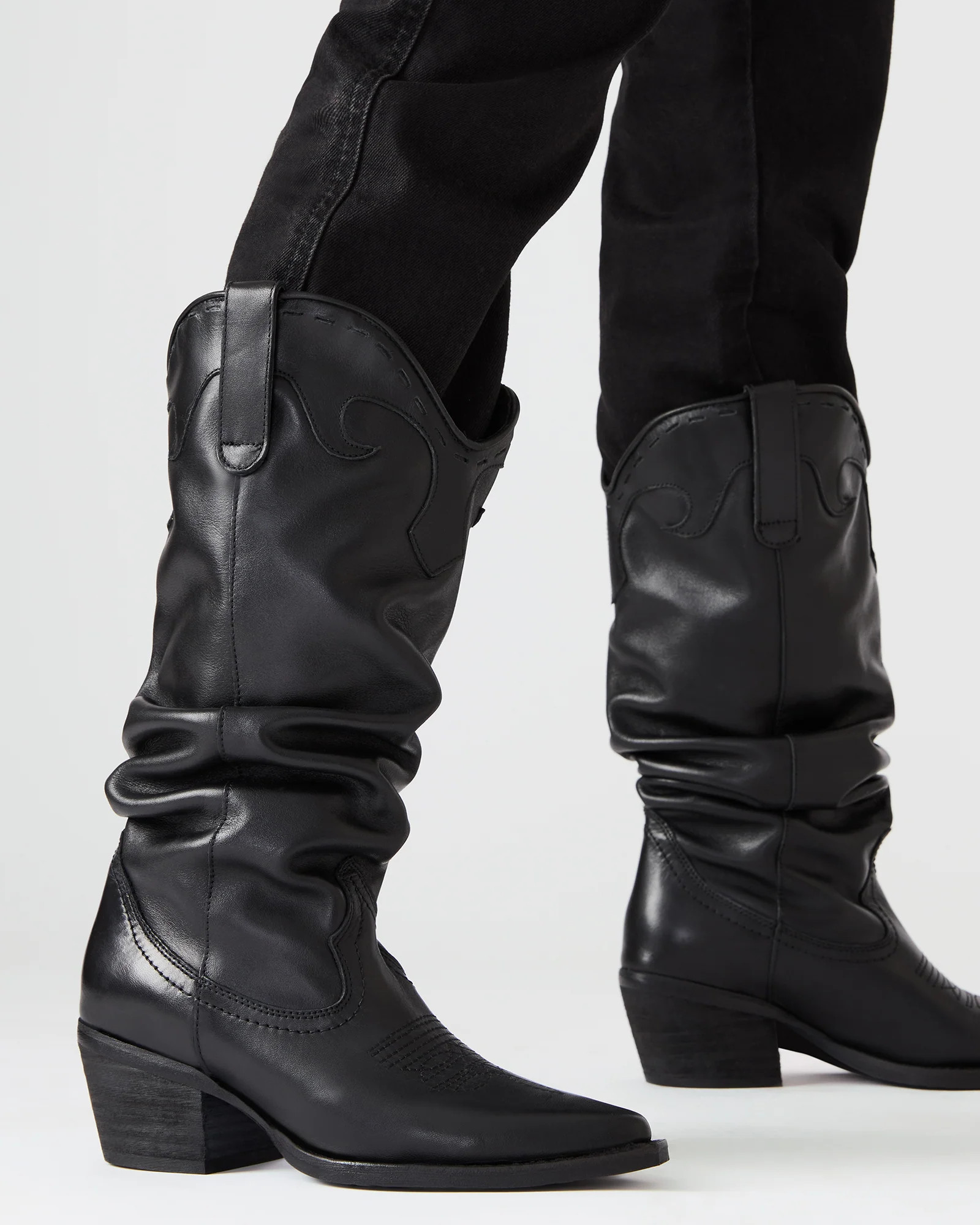 STAGE Black Leather Pointed-Toe Scrunched Western Women's Boot | Steve Madden (US)