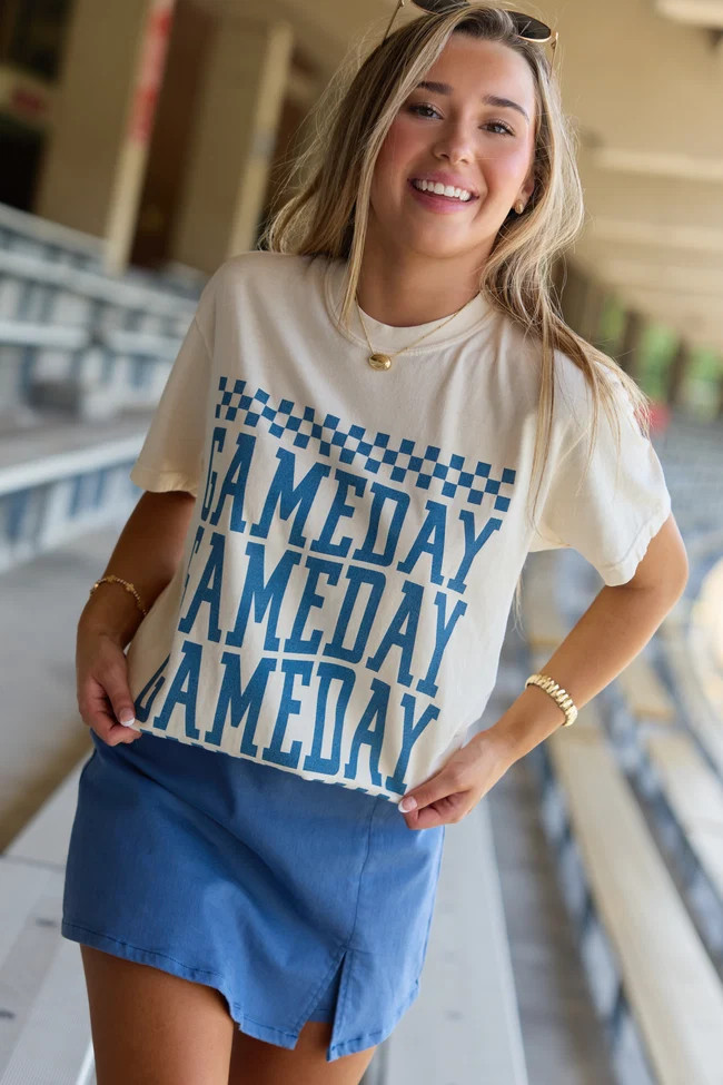 Checkered Gameday Navy Repeat Ivory Graphic Tee | Pink Lily
