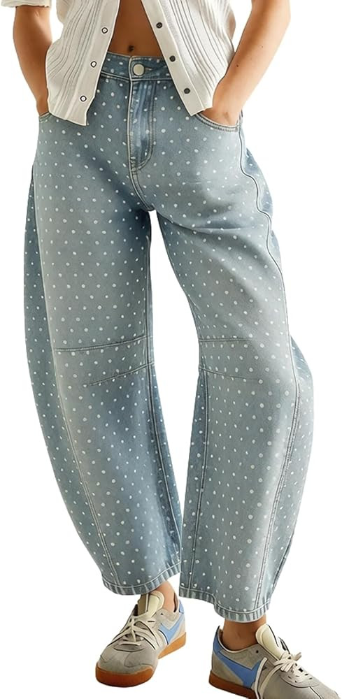 chouyatou Women Baggy Polka Dot Barrel Jeans Y2K Floral Print Wide Leg Jeans Boyfriend Denim Ankl... | Amazon (US)