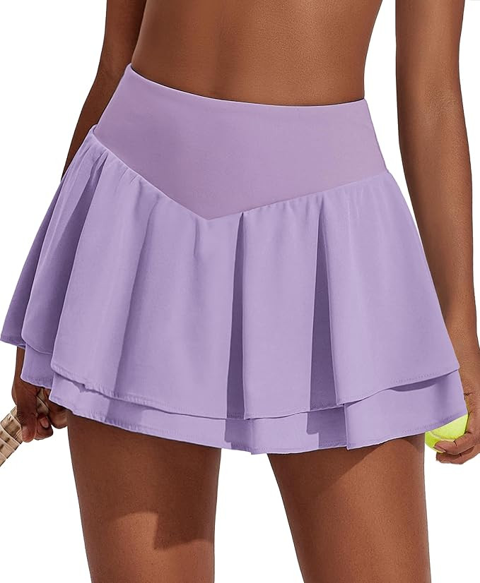 PINSPARK Womens Pleated Tennis Skirt Double Ruffle Golf Skort Tummy Control Athletic Skirts with ... | Amazon (US)