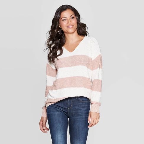 Women's Striped Long Sleeve V-Neck Pullover Sweater - Knox Rose™ White | Target