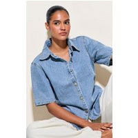 Light Blue Button Through Denim Shirt, Light Blue Wash | PrettyLittleThing US