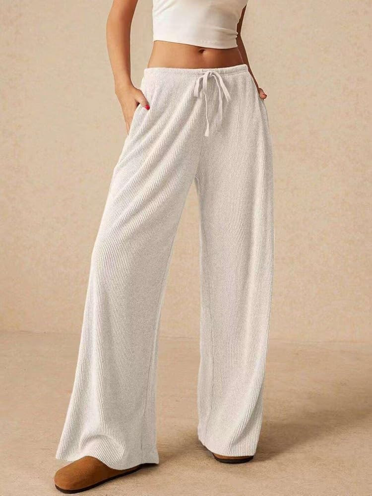 Women's Wide Leg Ribbed Knit Pants Drawstring Elastic Waiste Casual Lounge Trousers White at Amaz... | Amazon (US)
