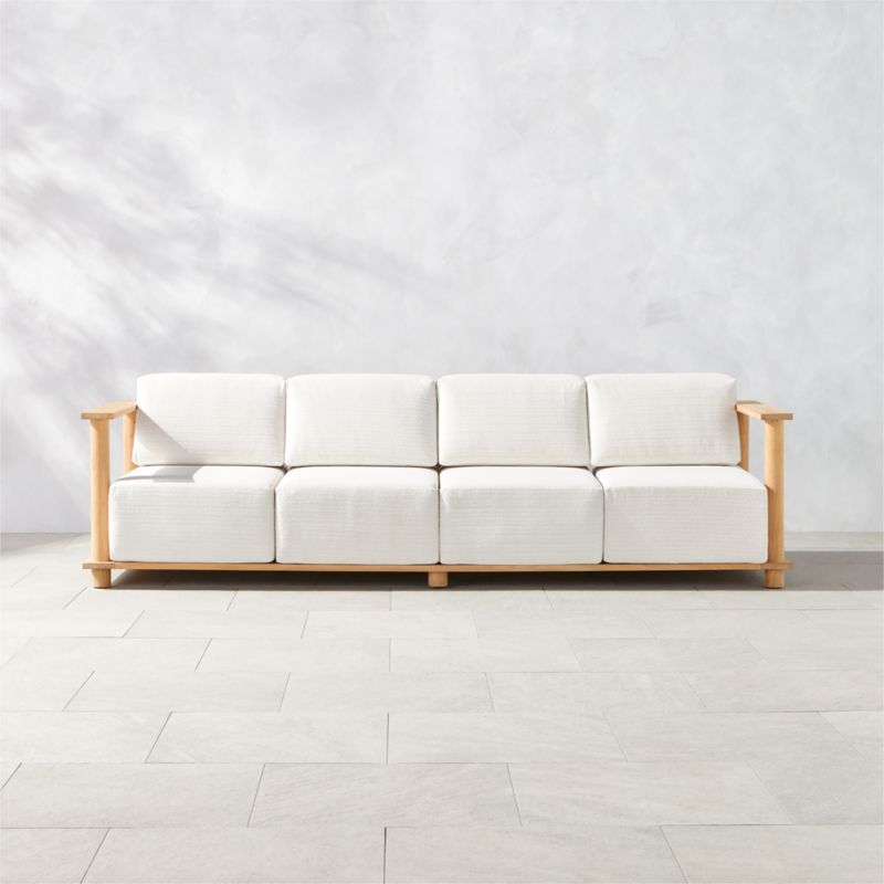 Pinet Modern Teak Outdoor Sofa with Textured White Cushions Large | CB2 | CB2