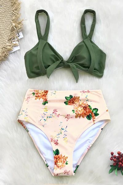 Green and Peony Print High-Waisted Bikini | Cupshe