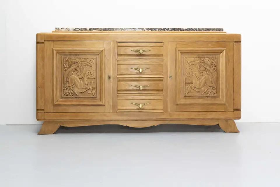 Massive Oak and Marble Top Antelopes Credenza Sideboard French Buffet, C. 1940 | 1stDibs