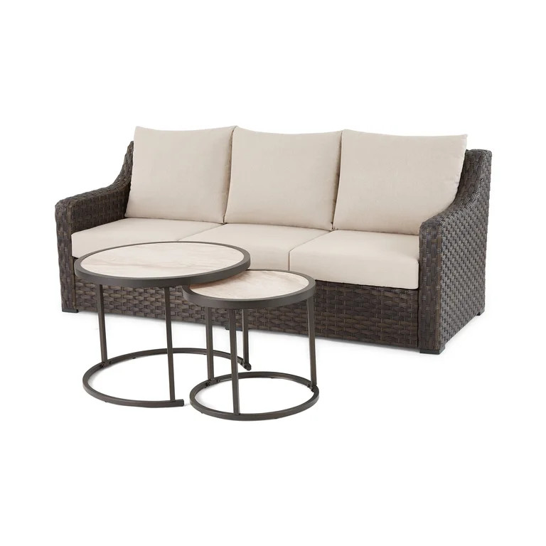 Better Homes & Gardens River Oaks Outdoor Sofa & 2 Nesting Tables with Patio Cover, Dark Brown | Walmart (US)