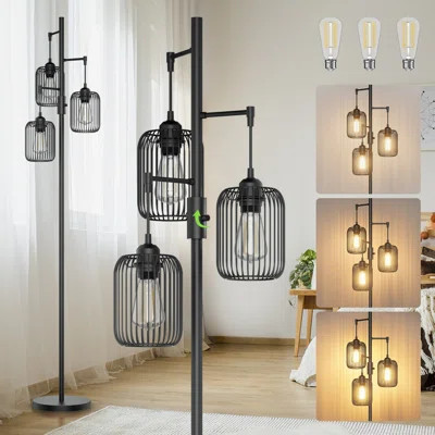 Dimmable Gold Floor Lamp with Cage Shade, Modern Black Floor Lamps for Living Room, Standing Corner Floor Lamp with 3 LED Bulbs, Industrial Floor Lamp | Wayfair North America