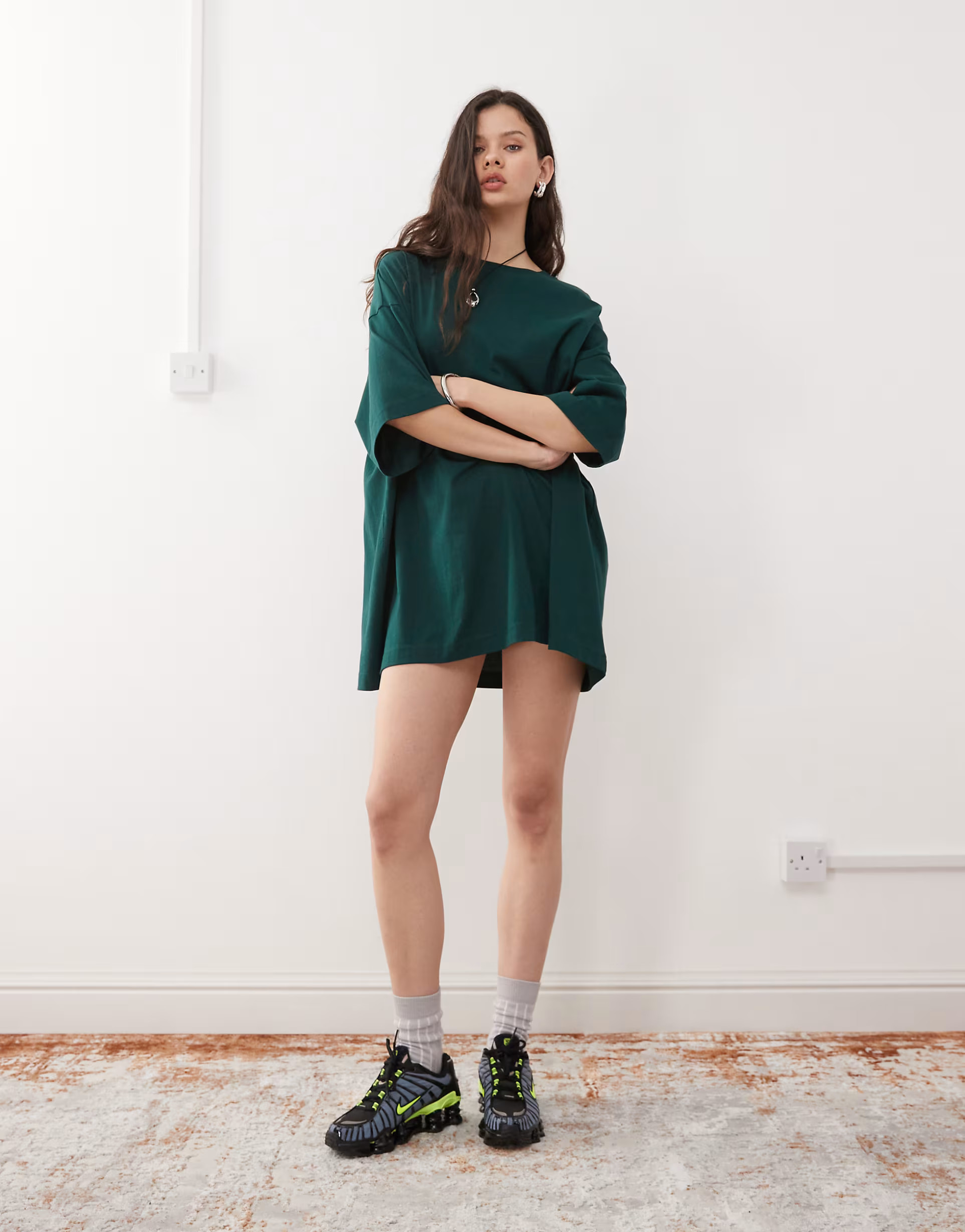 Weekday Huge t-shirt mini dress in dark green - exclusive to ASOS | ASOS (Global)