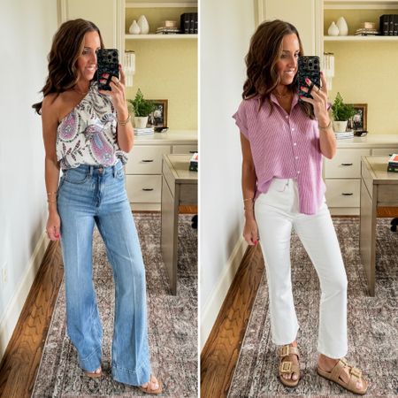 Spring outfit ideas. LOFT 30% off. J.Crew trouser jeans. White kick flare denim. One shoulder top.
Both tops XS. Denim down 1 size, 24. White denim TTS. Both sandals TTS

#LTKSeasonal #LTKover40 #LTKsalealert