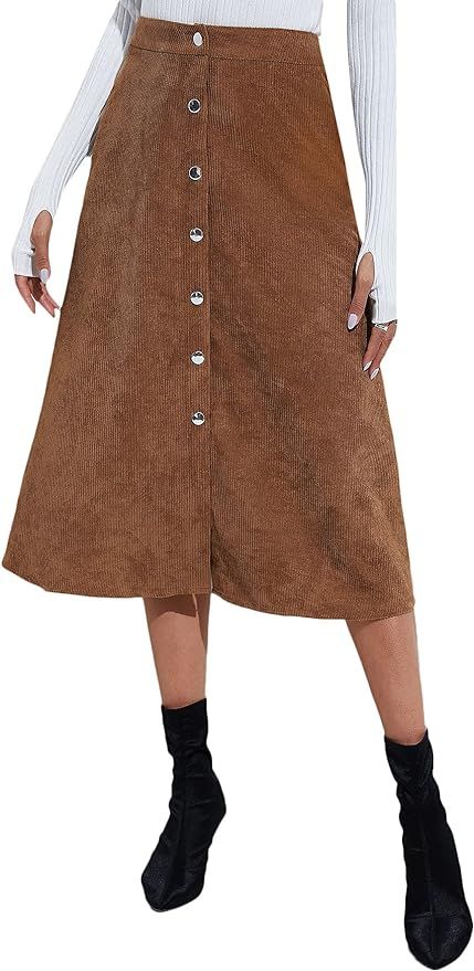SheIn Women's High Wasit Button Front Corduroy Flare Solid A Line Midi Skirt | Amazon (US)