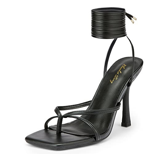 Elisabet Tang Women Sexy Strappy Heeled Sandals,4 inch/10cm Lace Up Square Open Toe Heels Stiletto Thong Sandal High Heel Sandals Shoes Black Size 9.5 | Amazon (US)