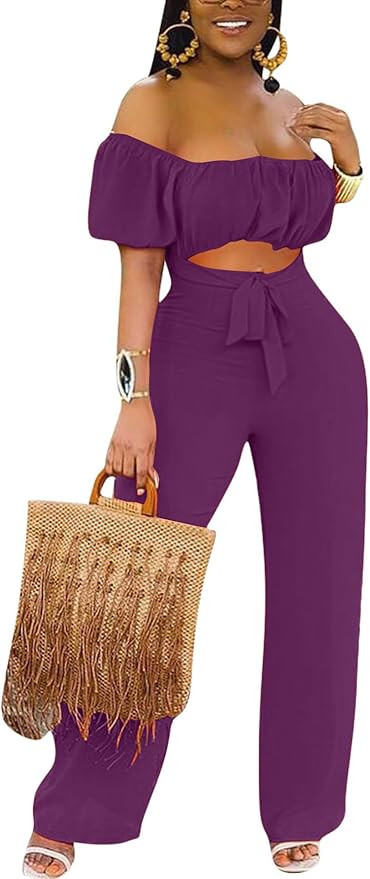 LYANER Women's Off Shoulder Cut Out Tie Front High Waist Short Sleeve Wide Leg Pants One Piece Ju... | Amazon (US)