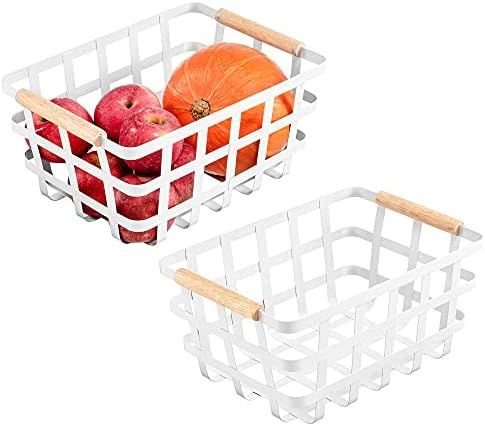 Large Wire Metal Baskets Storage Organizer Farmhouse Baskets with Wood Handles for Pantry Cabinets S | Amazon (US)
