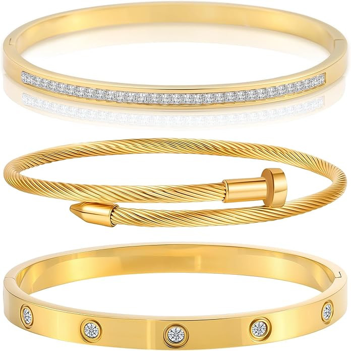 Gold Bracelets for Women - Stackable Bangles with Love & Friendship Theme - Stainless Steel Jewel... | Amazon (US)