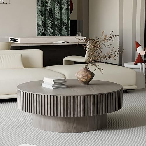 BSYEIO 39.37'' Round Coffee Table with Storage, Solid Wood Veneered Modern Drum Coffee Table Accent Tea Table for Living Room, Bedroom, Apartment or Office-Gray | Amazon (US)