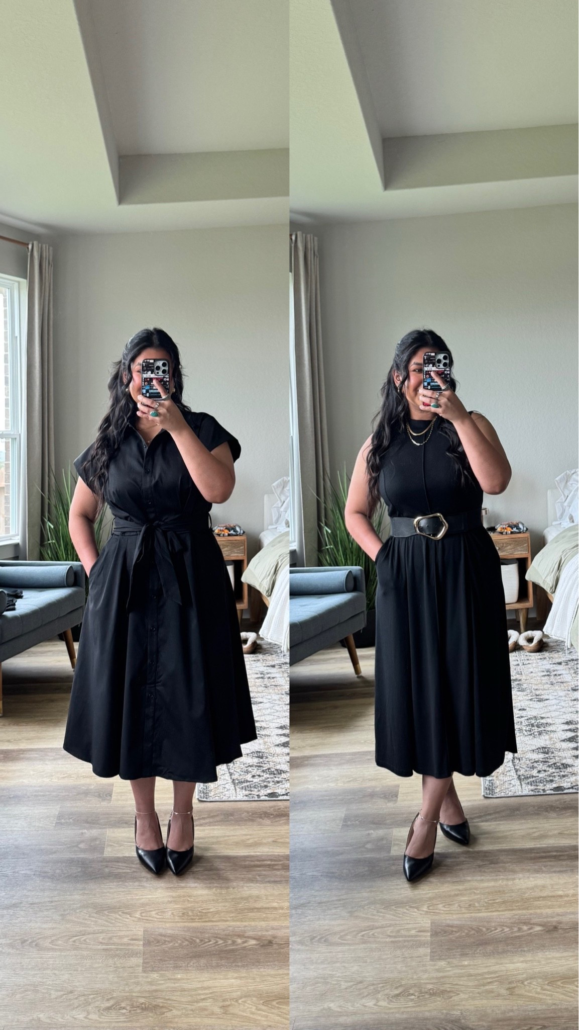 I’m 5’1 size 12 wearing a L in both dresses// left dress is from Amazon, more of a structured fit with no stretch // right dress is from Walmart, more of a slinky and very stretchy material // heels are true to size // belt is stretchy and I’m wearing the waist size 28-33

#LTKPetite #LTKMidsize #LTKWorkwear