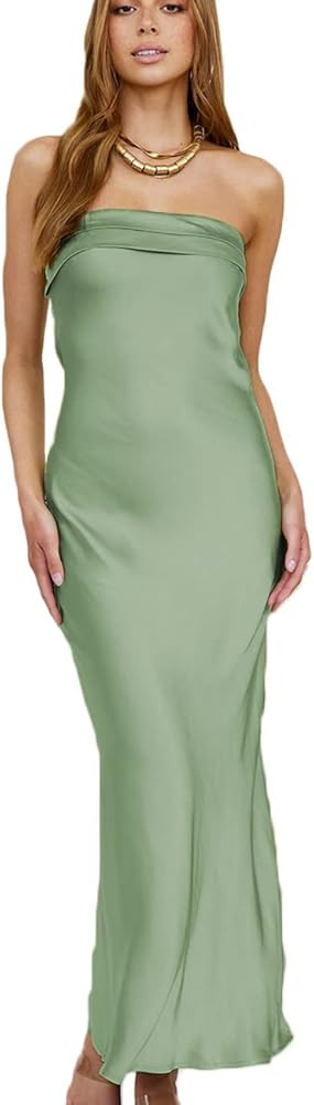 Realtix Satin Silk Backless Tube Tops Maxi Dress for Women Low Back Hollow Out Elegant Strapless ... | Amazon (US)