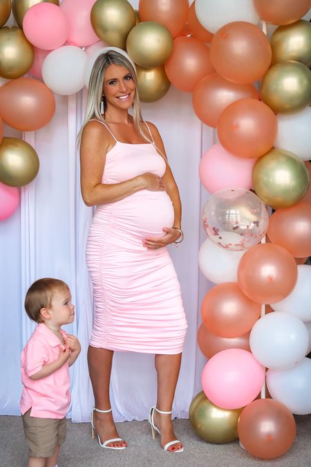Baby Shower / Sprinkle Dress option! I went with pink for our baby girl but this non-maternity Ruched Sleeveless Midi dress comes in several different colors and is stretchy enough to fit the bump! I just sized up one from my normal pre-pregnancy size (to a medium) - Perfect as a wedding guest dress or special occasion as well! 

Party decorations, decor, mom life, Dresses, mini Dress, bodycon, tight, maternity, baby bump, pregnant, pregnancy, preggo, expecting, baby on board, maternity outfits, expectant, multiple colors, pink dress, baby girl, stretchy dress, must have, affordable, classic, feminine, trendy, chic style, sale, summer style, summer looks, vacation, wedding guest dress, toddler boy, pink polo, shoes