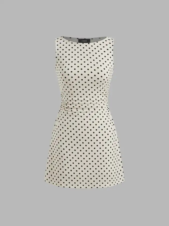 Boat Neck Polka Dot Ruched Mini Dress | Cider