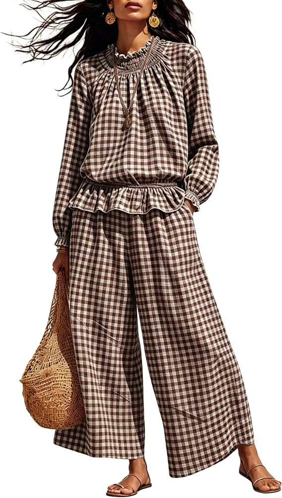 Bankeng Womens Long Sleeve Gingham Sets 2 Piece Outfits Plaid Cotton Tops Wide Leg Pants Summer M... | Amazon (US)