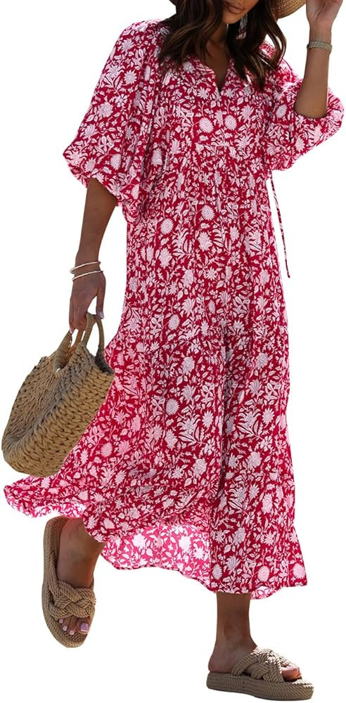 miduo Womens Loose Fit Casual Summer V Neck Half Sleeve Bohemian Geometric Pattern Maxi Long Dres... | Amazon (US)