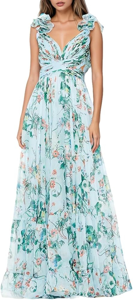 SHSUREVE Chiffon Ruffle Prom Dresses Long for Women A Line Bridesmaid Dresses Tiered Backless For... | Amazon (US)