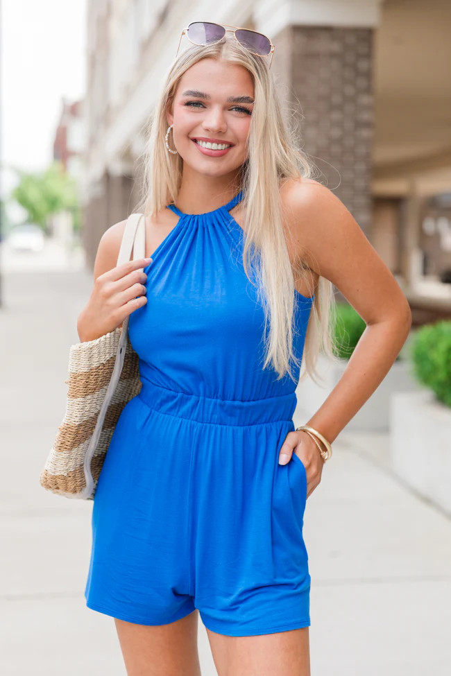 Penny for My Thoughts Royal Blue Halter Neck Romper | Pink Lily