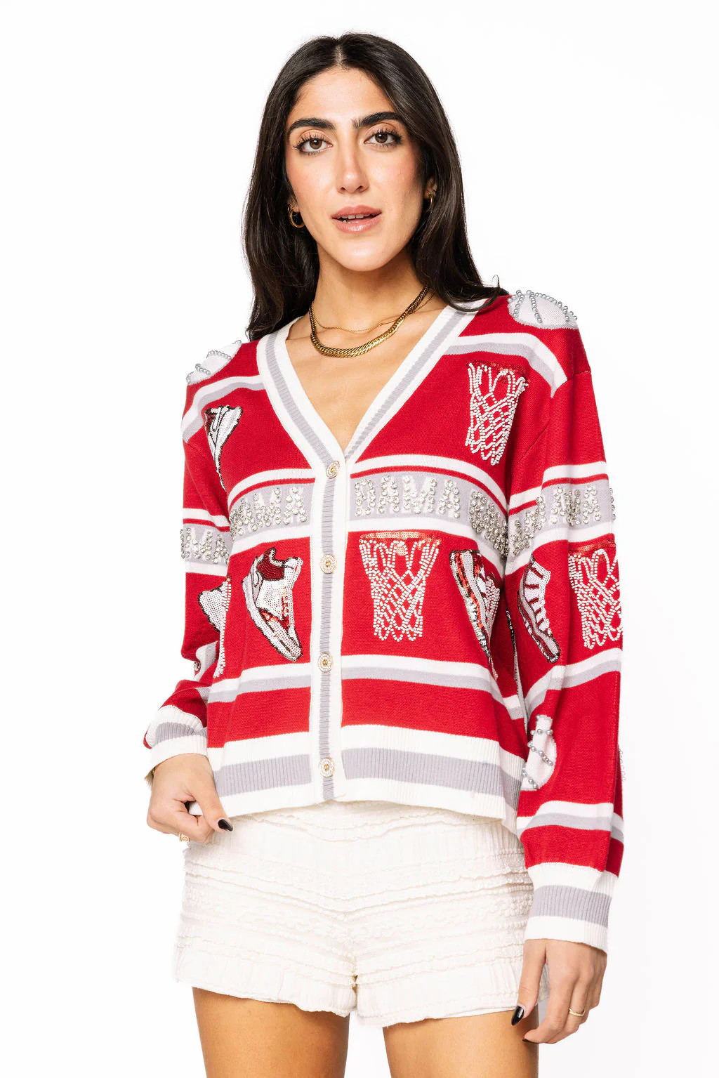 Licensed Bama Striped Basketball Rhinestone Icon Cardigan | Queen of Sparkles