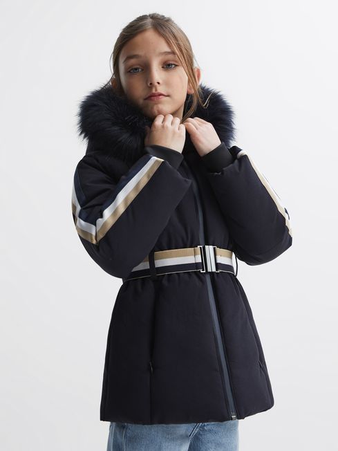 Reiss Navy Cara Junior Quilted Fur Hooded Coat | Reiss UK