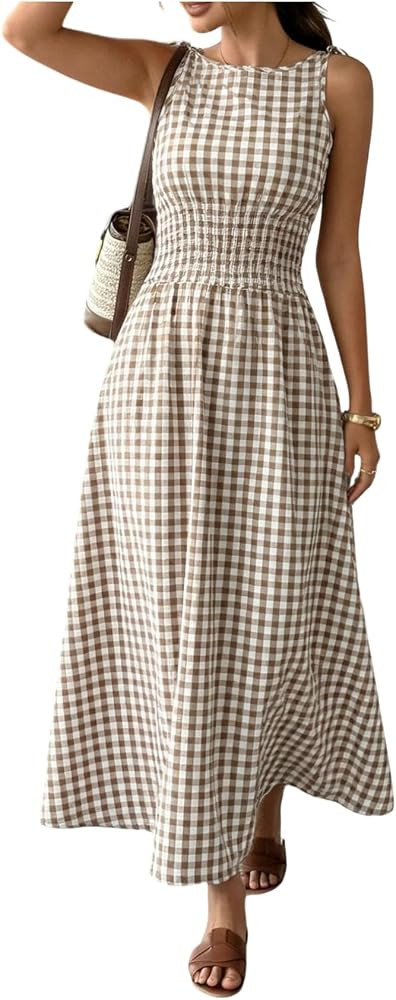 OYOANGLE Women's Plaid Tie Shoulder Tank Sleeveless Long Dress | Amazon (US)