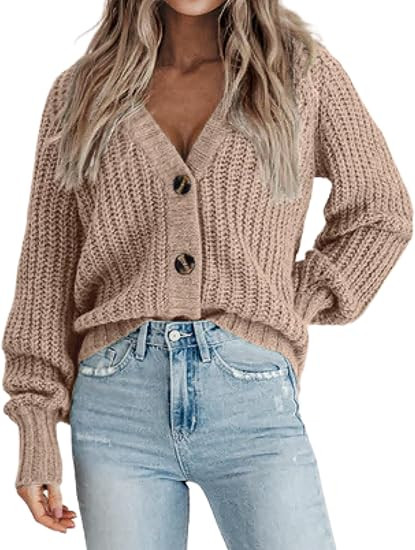 Zeagoo Women's 2025 Fall Chunky Knit Cardigans Open Front Long Sleeve V Neck Button Loose Cardiga... | Amazon (US)