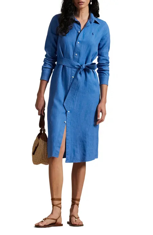 Polo Ralph Lauren Belted Long Sleeve Linen Shirtdress in Retreat Blue at Nordstrom, Size 12 | Nordstrom