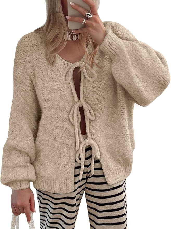 LILLUSORY Tie Front Cardigan Sweaters for Women Trendy 2026 Fall Fashion Outfits Puff Sleeve Bow ... | Amazon (US)