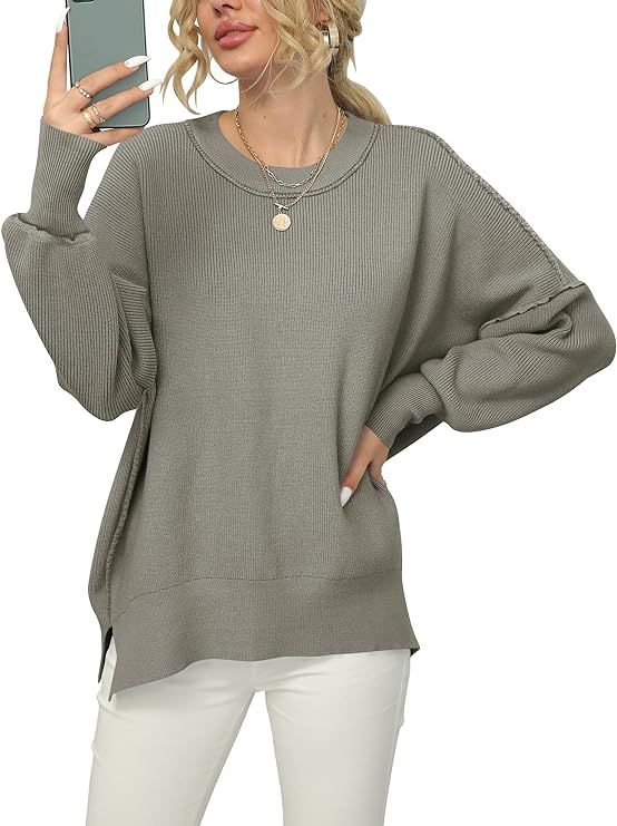 ANRABESS Women Crewneck Batwing Sleeve Oversized Side Slit Ribbed Knit Pullover Sweater Top | Amazon (US)