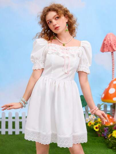 ROMWE Kawaii Boho Eenkleurig Jurk Ruches Rits Engels borduurwerk
       
              
         ... | SHEIN