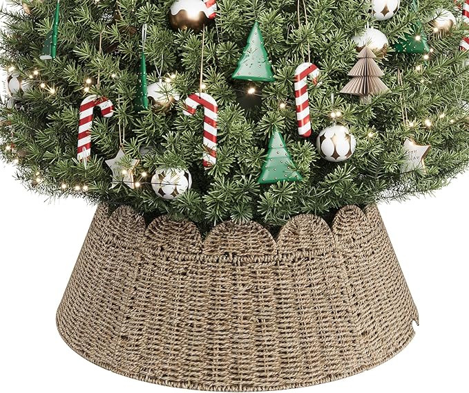 ELYKEN Rattan Christmas Tree Collar, 28 Inch Wicker Xmas Tree Collar with Scalloped Edge for Arti... | Amazon (US)