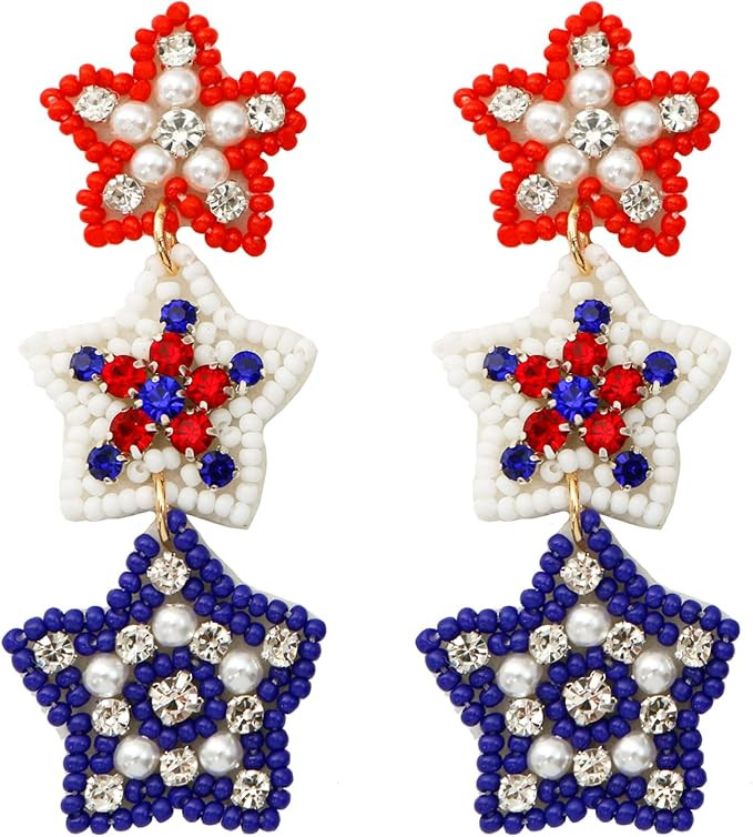 4th of July Earrings Patriotic Beaded Earrings for Women American Flag Star Tassel Dangling State... | Amazon (US)
