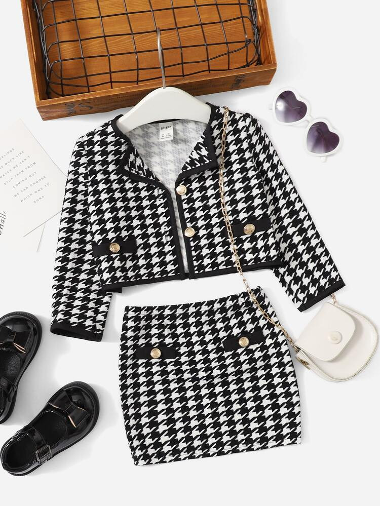 SHEIN Baby Houndstooth Print Jacket & Skirt | SHEIN